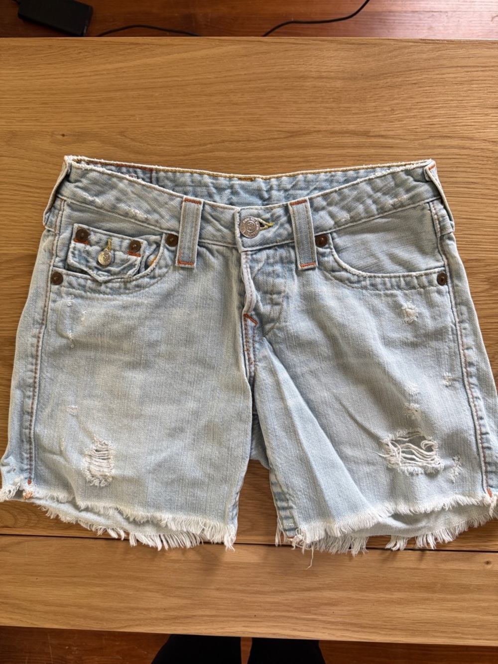 True Religion Light Blue Distressed Denim Shorts